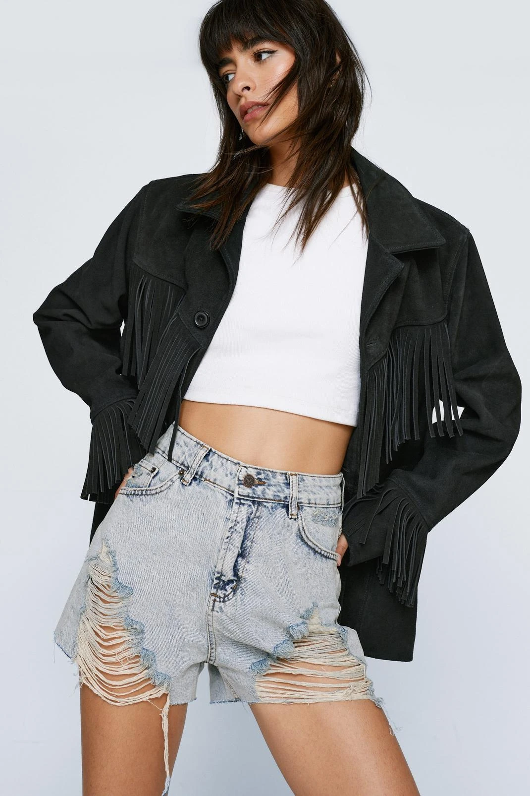 High Waisted Distressed Denim Shorts - Image 4