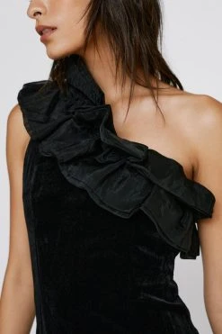 Asymmetric Ruffle Detail Velvet Mini Dress