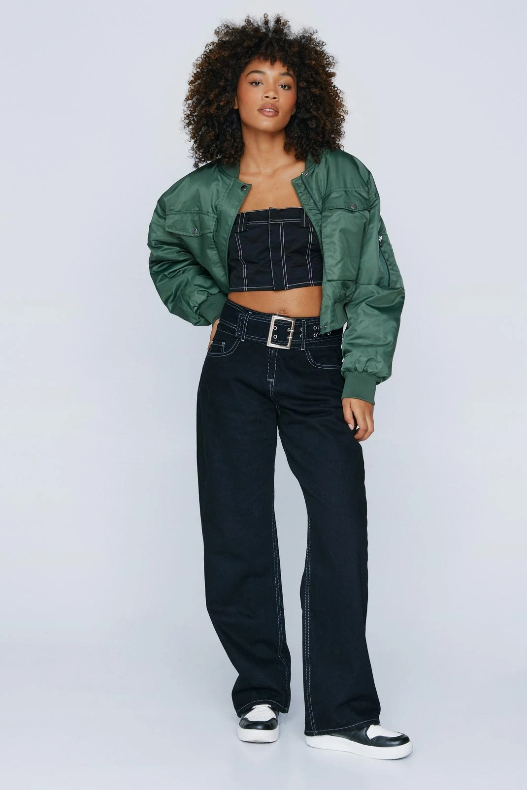 Contrast Stitch Belted Wide Leg Jeans - Image 2