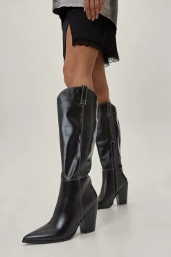 Contrast Stitch Knee High Cowboy Boots