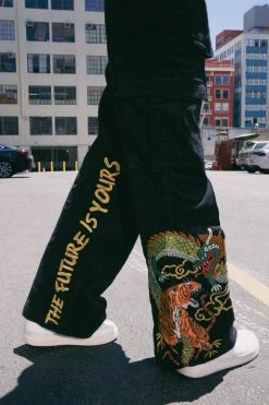 Cord Embroidered Puddle Wide Leg Cargo Pant