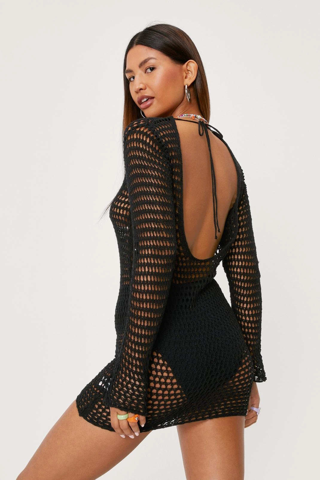 Crochet Low Back Mini Beach Cover Up Dress - Image 6
