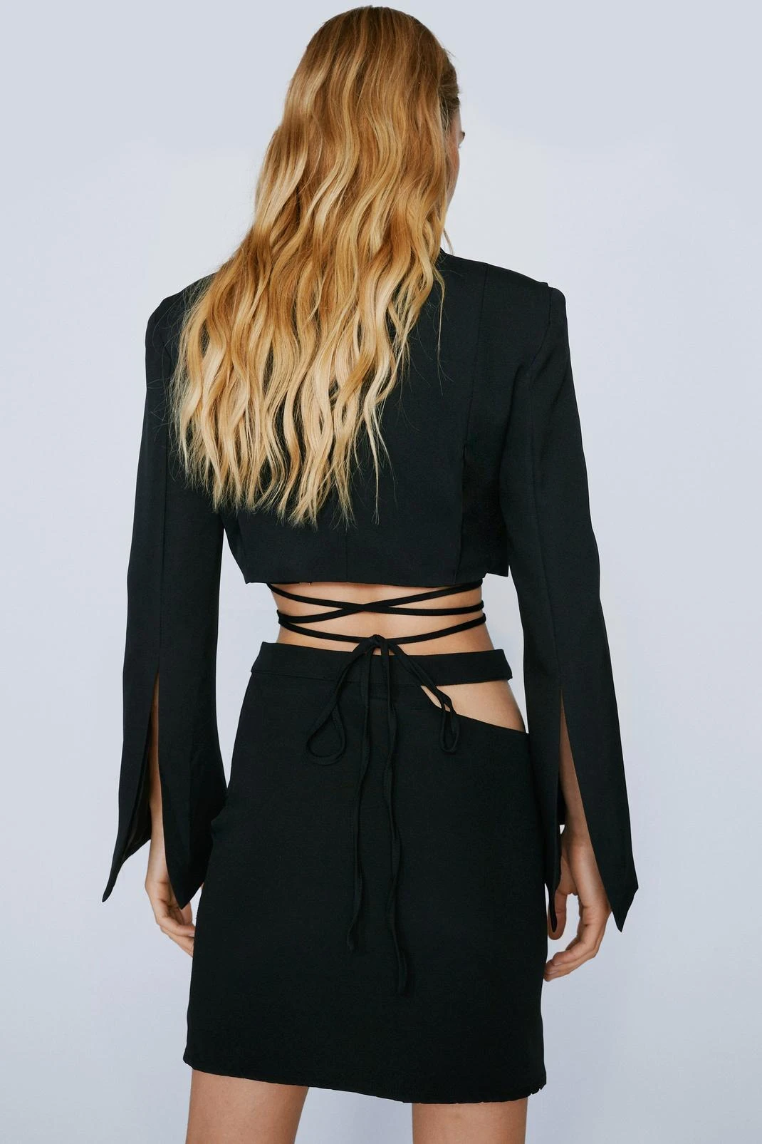 Cropped Tie Detail Flared Sleeve Blazer - Image 6
