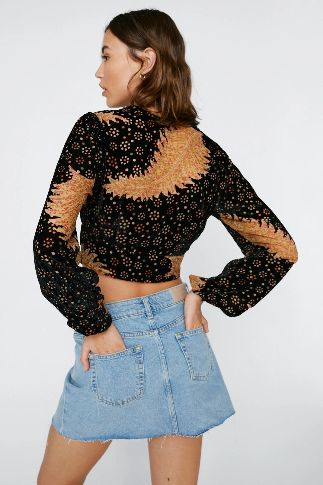 Devore V Neck Long Sleeve Cropped Blouse - Image 3