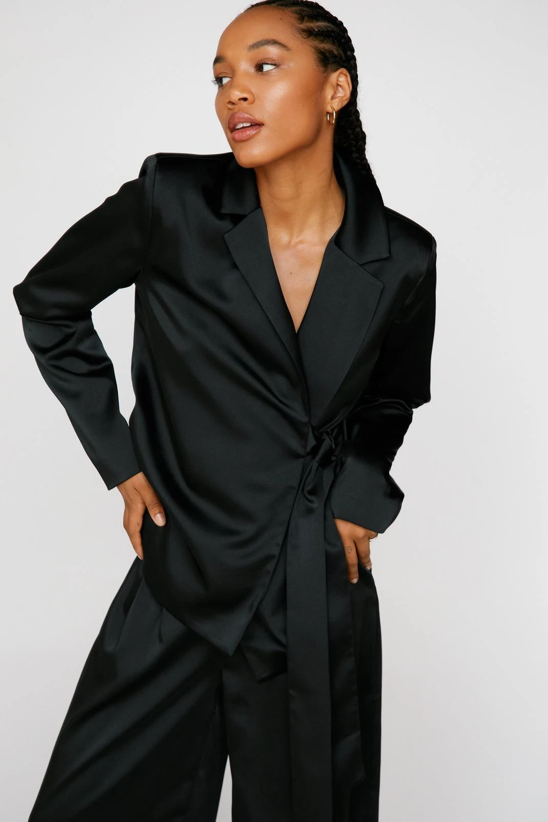 Draped Satin Tie Front Blazer - Image 5