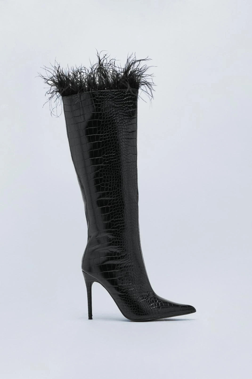 Faux Croc Feather Trim Knee High Boots - Image 2