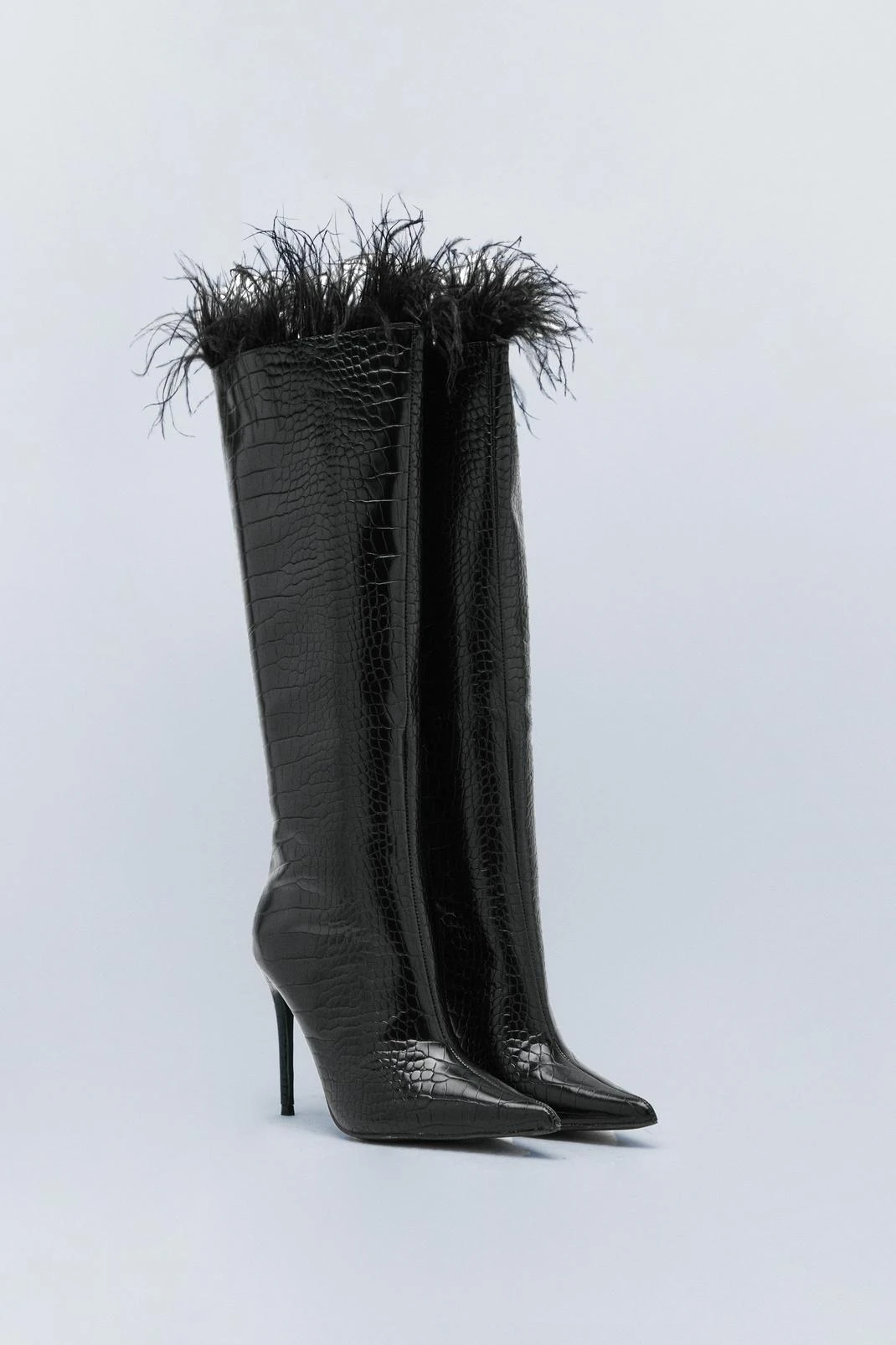 Faux Croc Feather Trim Knee High Boots - Image 3