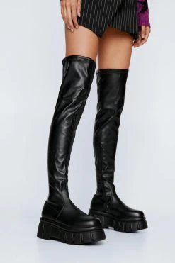 Faux Leather Chunky Wedge Thigh High Boots 9 Faux Leather Chunky Wedge Thigh High Boots -Nasty Gal Sales Store womens black faux leather chunky wedge thigh high boots 3