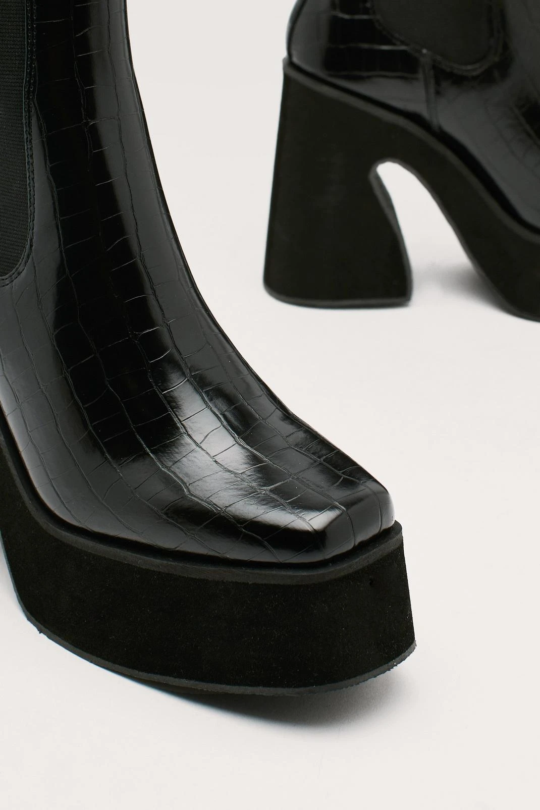 Faux Leather Croc Platform Flare Chelsea Boots - Image 2