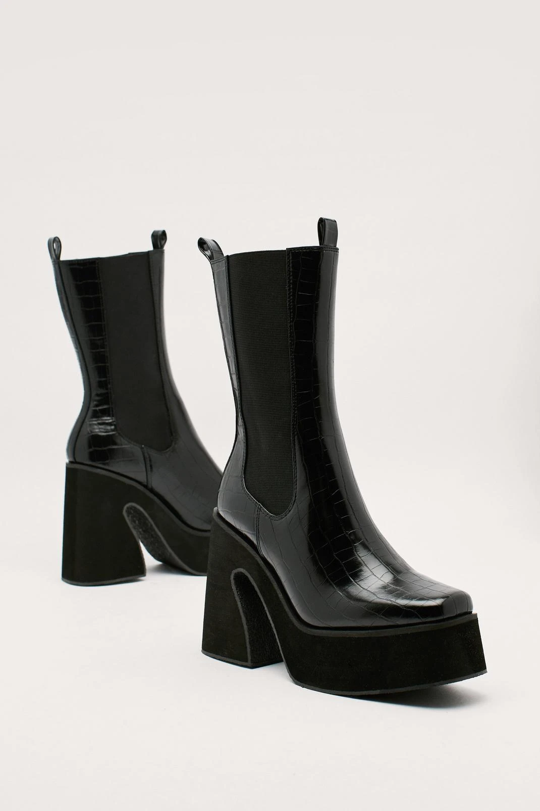 Faux Leather Croc Platform Flare Chelsea Boots - Image 4