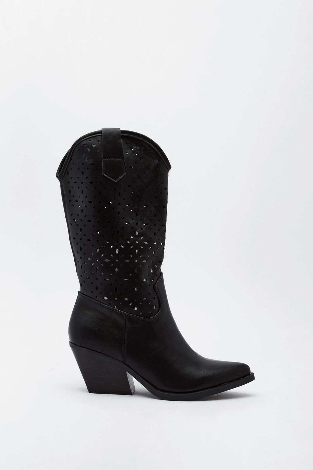 Faux Leather Laser Cut Midi Cowboy Boots - Image 2