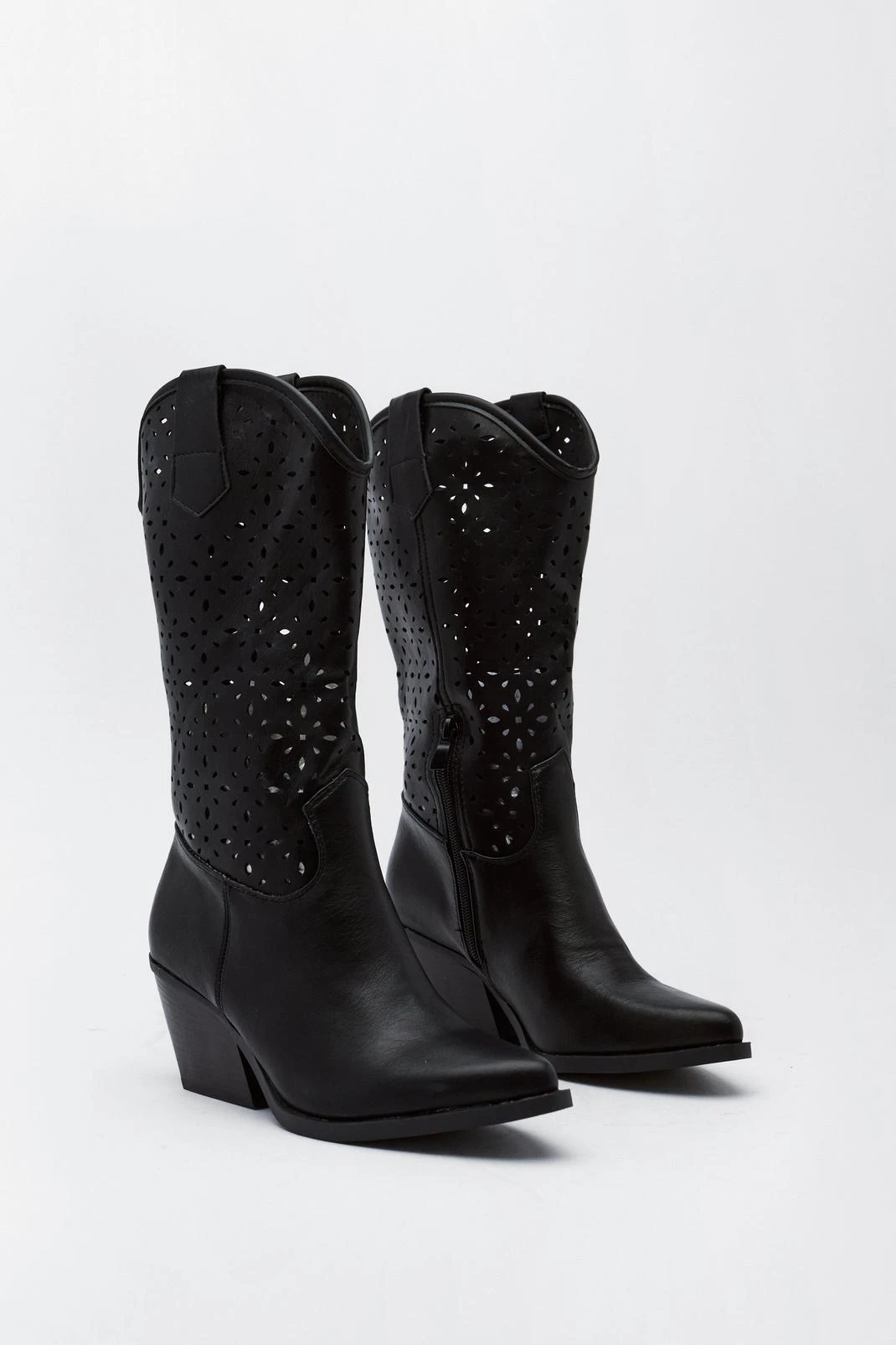 Faux Leather Laser Cut Midi Cowboy Boots - Image 3
