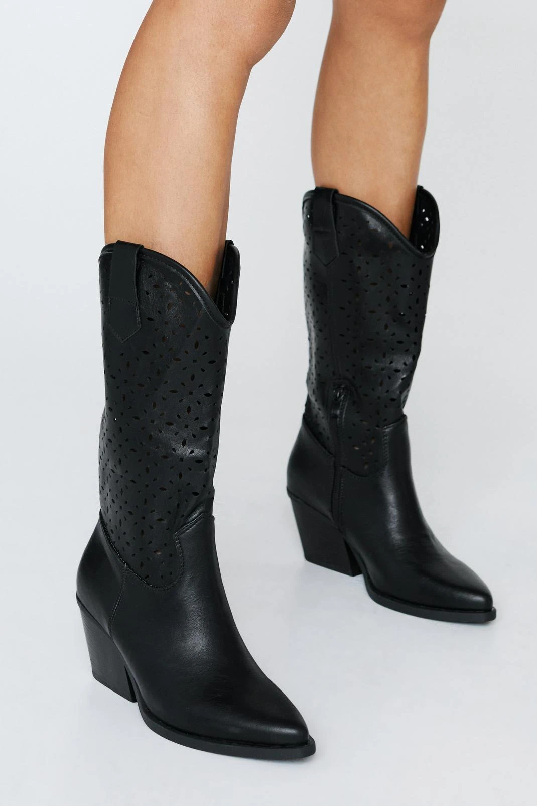 Faux Leather Laser Cut Midi Cowboy Boots