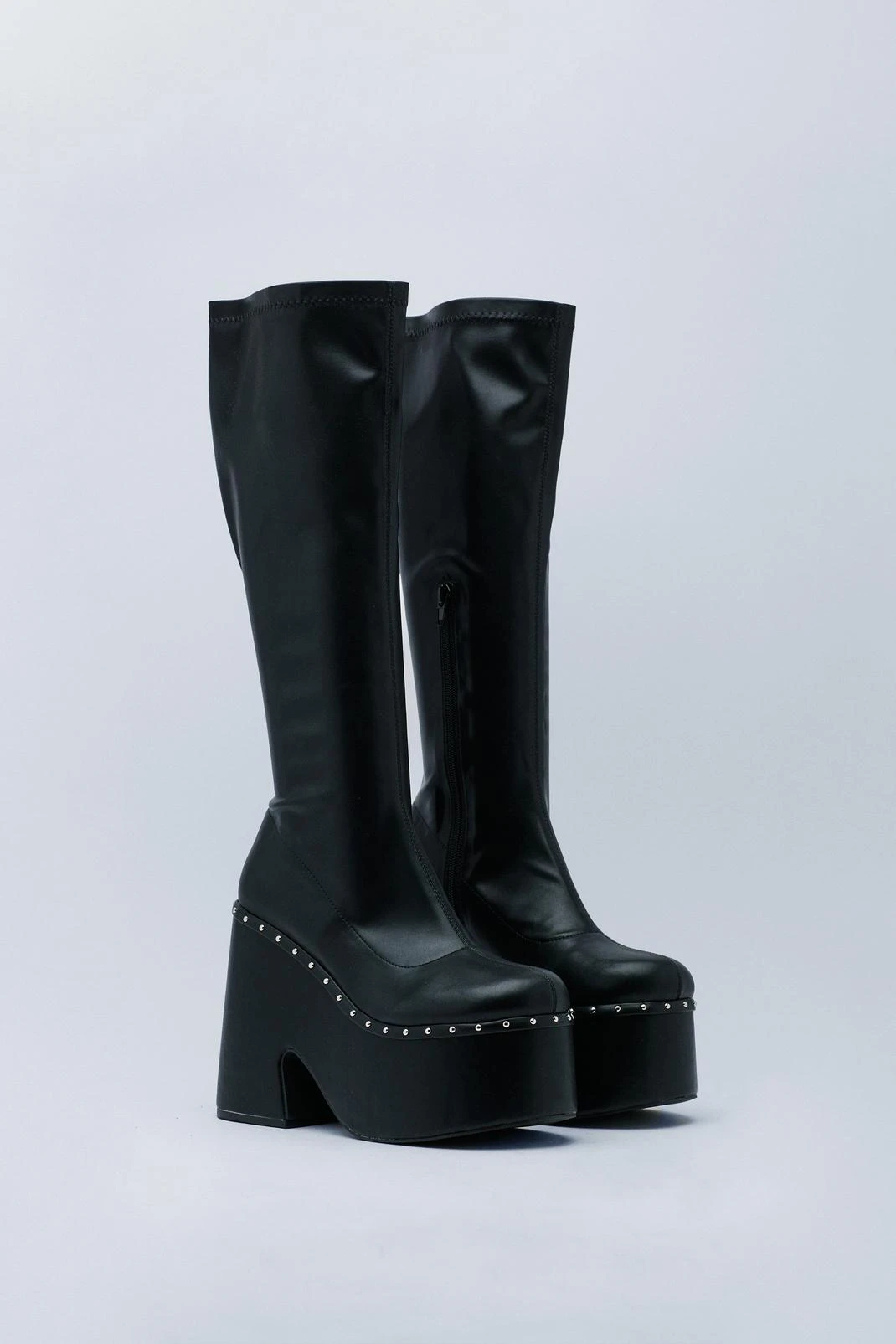 Faux Leather Platform Studded Knee High Boot - Image 3