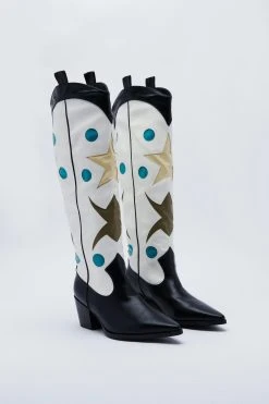 Faux Leather Star Knee High Cowboy Boots 8 Faux Leather Star Knee High Cowboy Boots -Nasty Gal Sales Store womens black faux leather star knee high cowboy boots 2