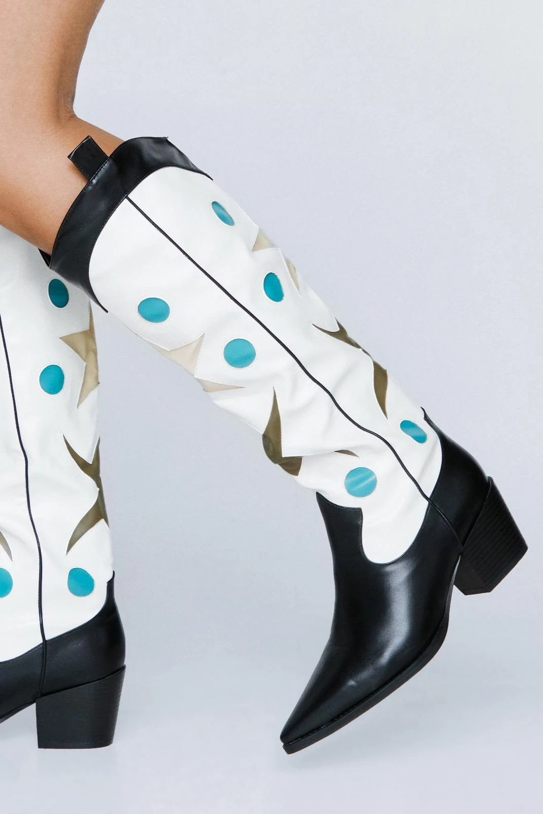 Faux Leather Star Knee High Cowboy Boots 3 Faux Leather Star Knee High Cowboy Boots