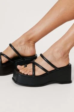 Faux Leather Strappy Flatform Mules