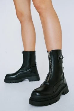 Faux Leather Zip Up Front Biker Boots
