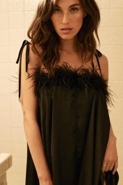 Feather Trim Satin Nighty Slip Dress 21 Feather Trim Satin Nighty Slip Dress -Nasty Gal Sales Store womens black feather trim satin nighty slip dress 3