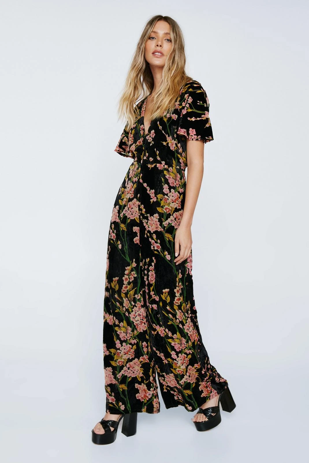 Floral Devore Angel Sleeve Jumpsuit