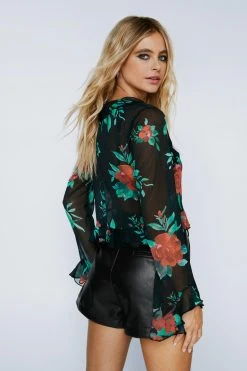 Floral Ruffle Chiffon Blouse 14 Floral Ruffle Chiffon Blouse -Nasty Gal Sales Store womens black floral ruffle chiffon blouse 1 2
