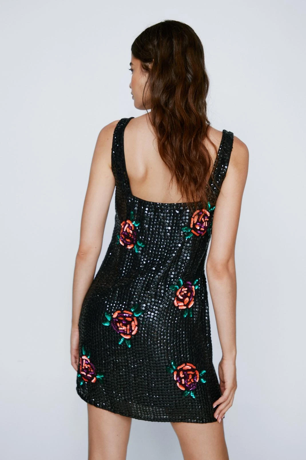 Floral Sequin Square Neck Mini Dress - Image 3