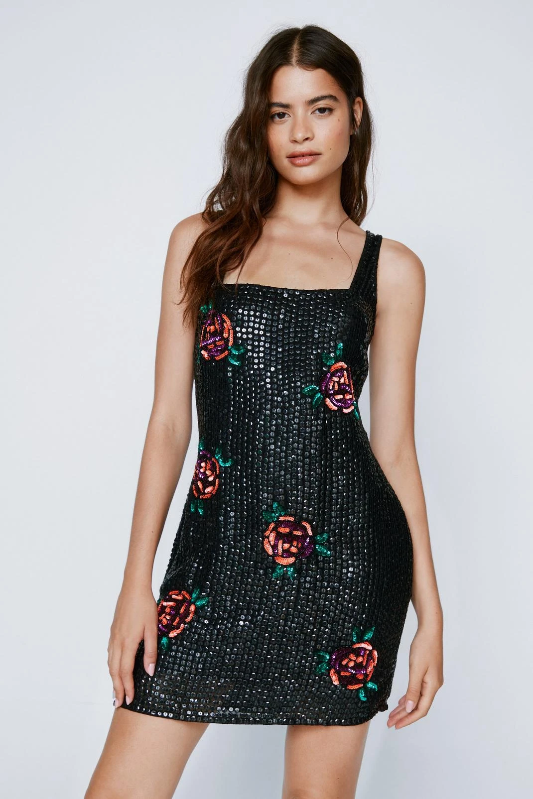 Floral Sequin Square Neck Mini Dress