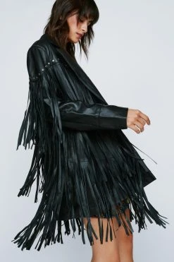 Fringe Detail Studded Real Leather Jacket -Nasty Gal Sales Store womens black fringe detail studded real leather jacket 1