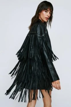 Fringe Detail Studded Real Leather Jacket -Nasty Gal Sales Store womens black fringe detail studded real leather jacket 2