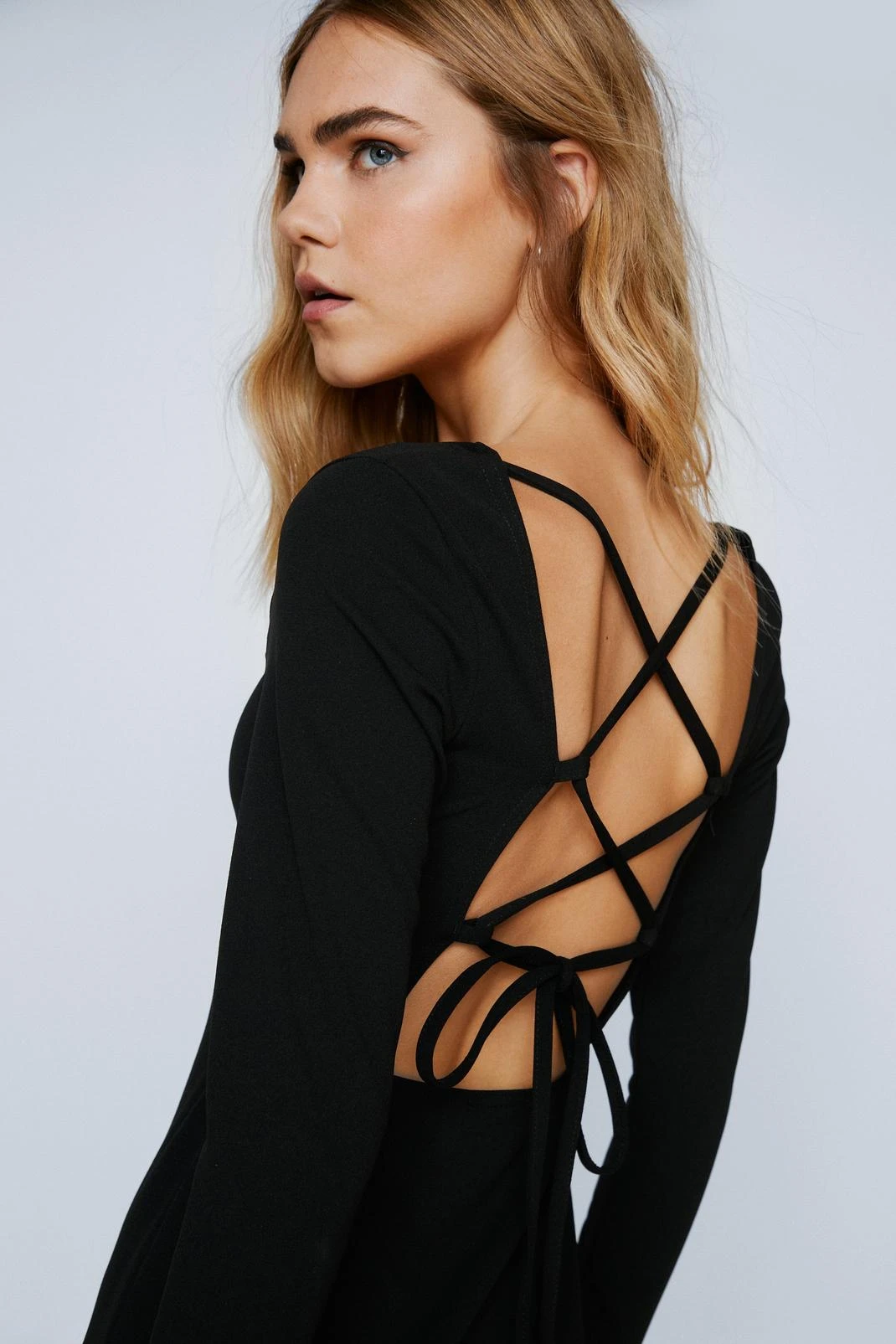 Long Sleeve Lace Up Back Midi Dress - Image 3