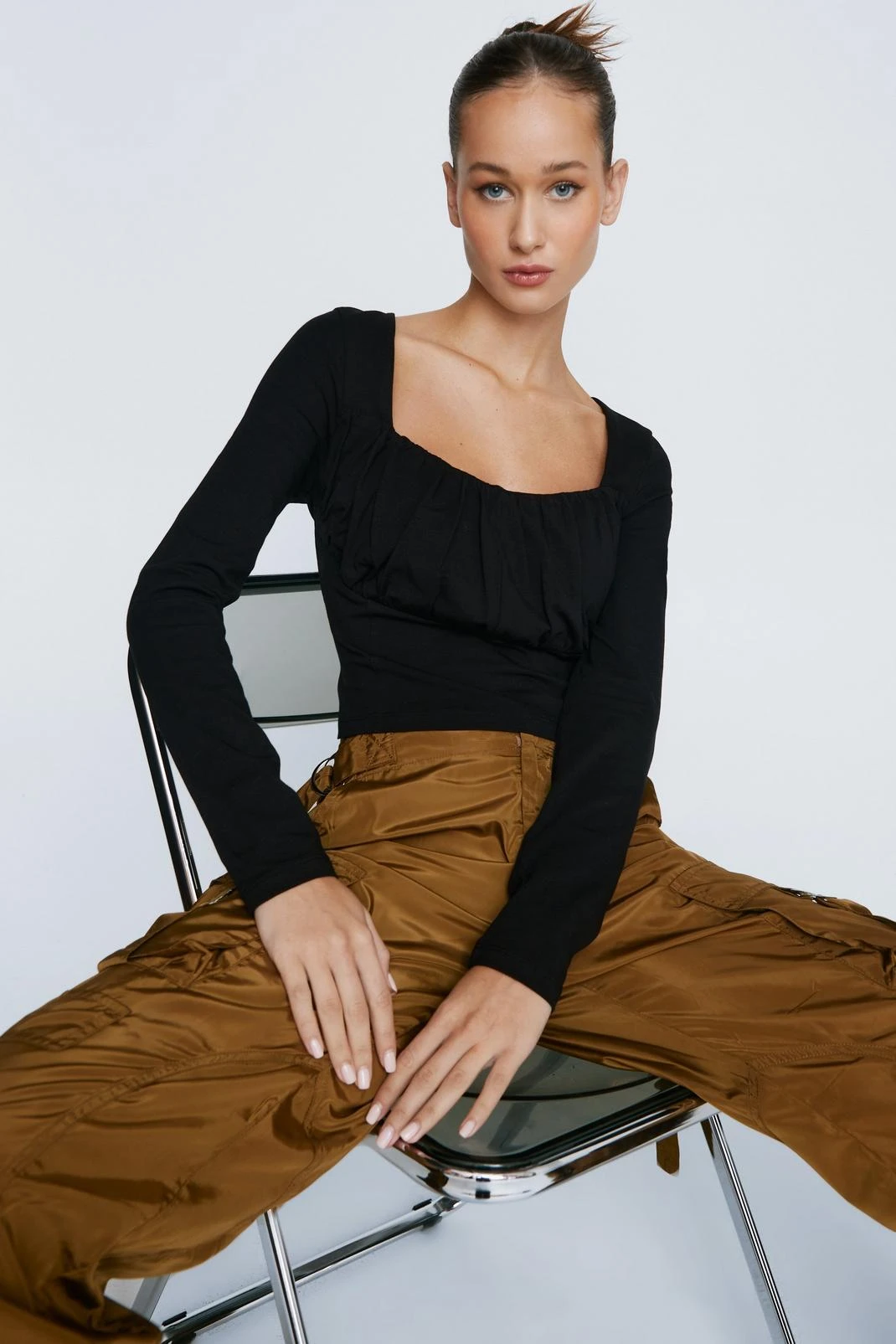 Petite Corset Detail Long Sleeve Top - Image 2