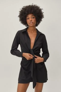 Petite Knot Front V Neck Mini Shirt Dress 13 Petite Knot Front V Neck Mini Shirt Dress -Nasty Gal Sales Store womens black petite knot front v neck mini shirt dress 4