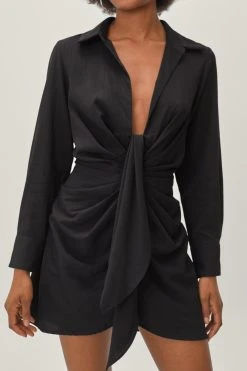 Petite Knot Front V Neck Mini Shirt Dress 15 Petite Knot Front V Neck Mini Shirt Dress -Nasty Gal Sales Store womens black petite knot front v neck mini shirt dress 6