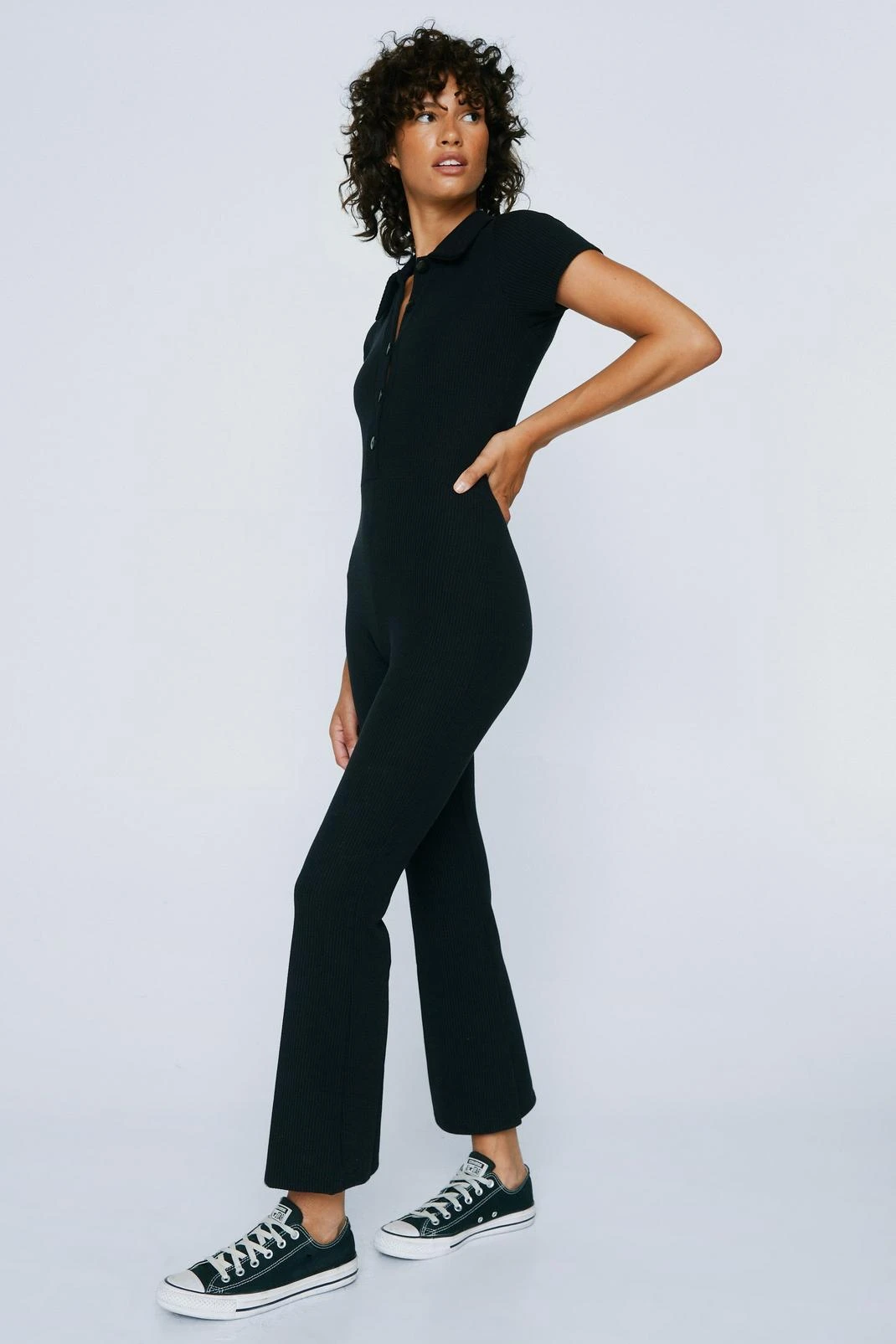 Petite Ribbed Collar Button Up Jumpsuit - Image 2