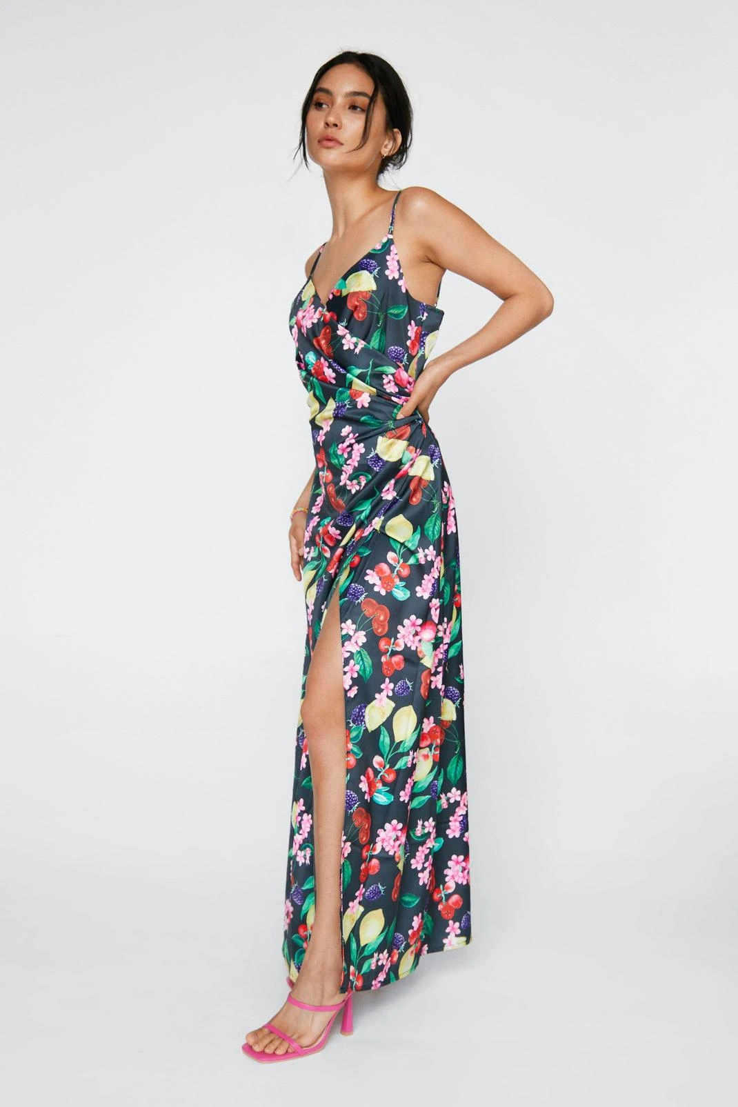 Petite Satin Fruit Print Maxi Wrap Dress - Image 2