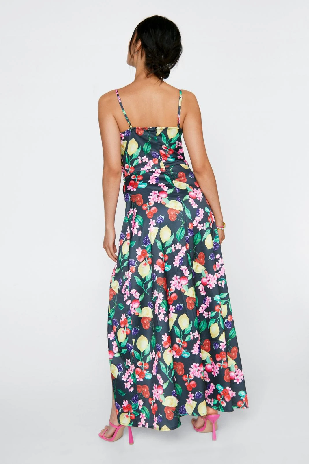 Petite Satin Fruit Print Maxi Wrap Dress - Image 3