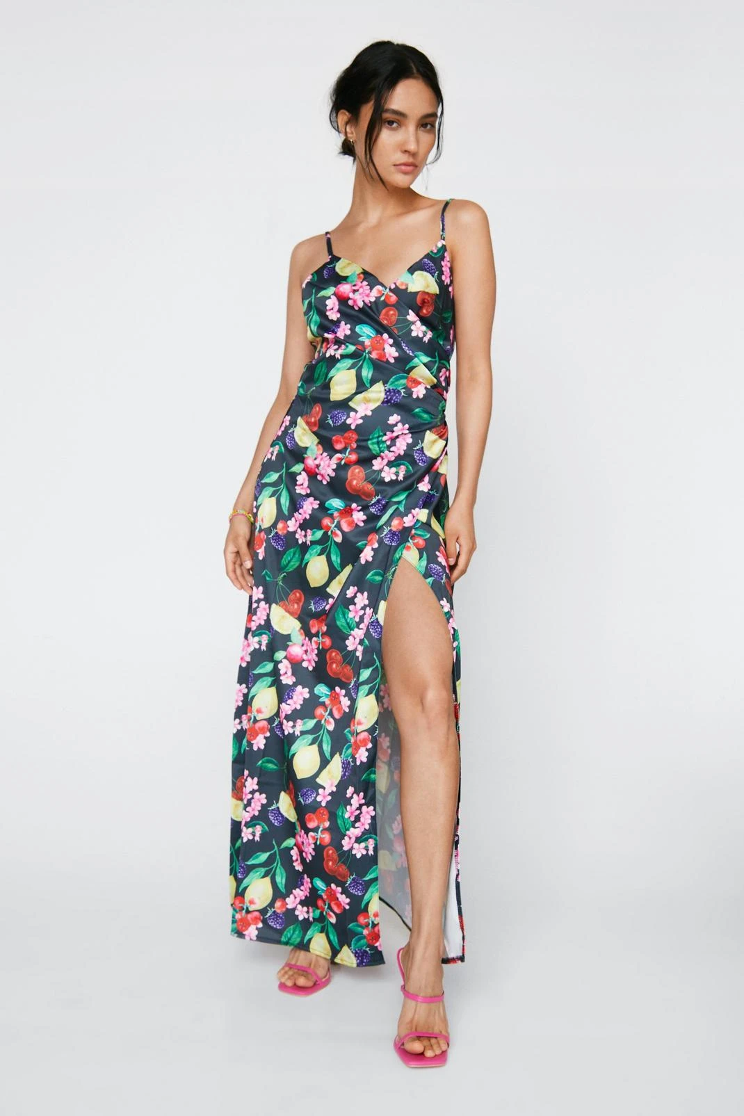 Petite Satin Fruit Print Maxi Wrap Dress - Image 4