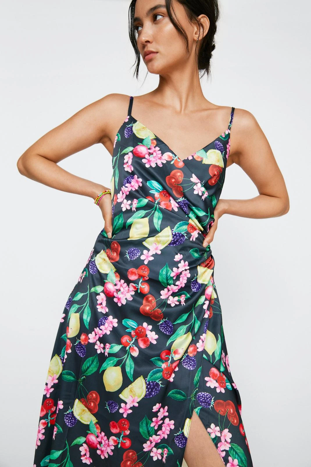 Petite Satin Fruit Print Maxi Wrap Dress
