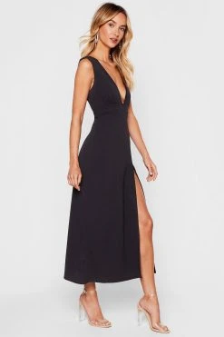 Plunging V Neck Slit Midi Dress
