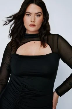 Plus Size Cut Out Detail Mesh Sleeved Midi Dress 7 Plus Size Cut Out Detail Mesh Sleeved Midi Dress -Nasty Gal Sales Store womens black plus size cut out detail mesh sleeved midi dress 1