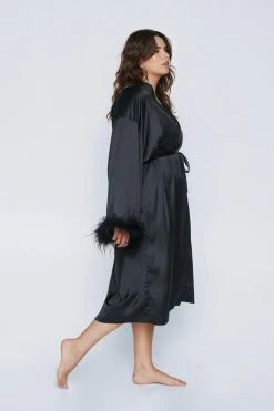 Plus Size Feather Trim Satin Longline Robe