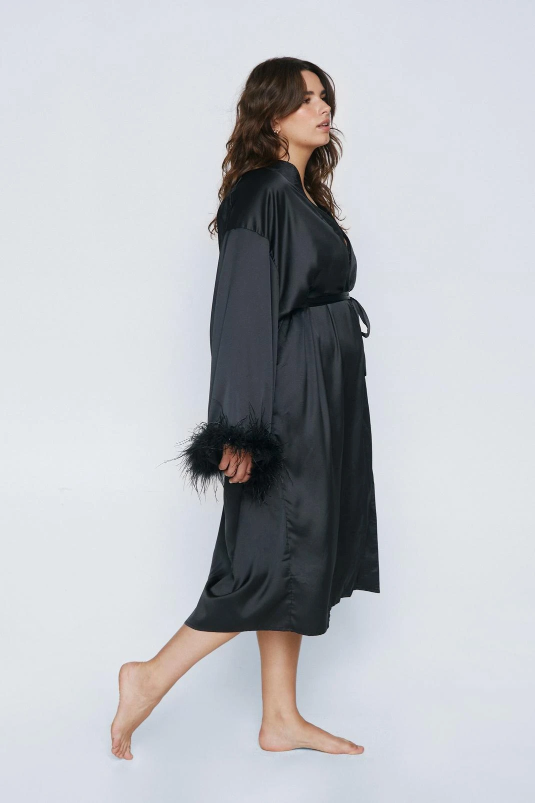 Plus Size Feather Trim Satin Longline Robe 3 Plus Size Feather Trim Satin Longline Robe