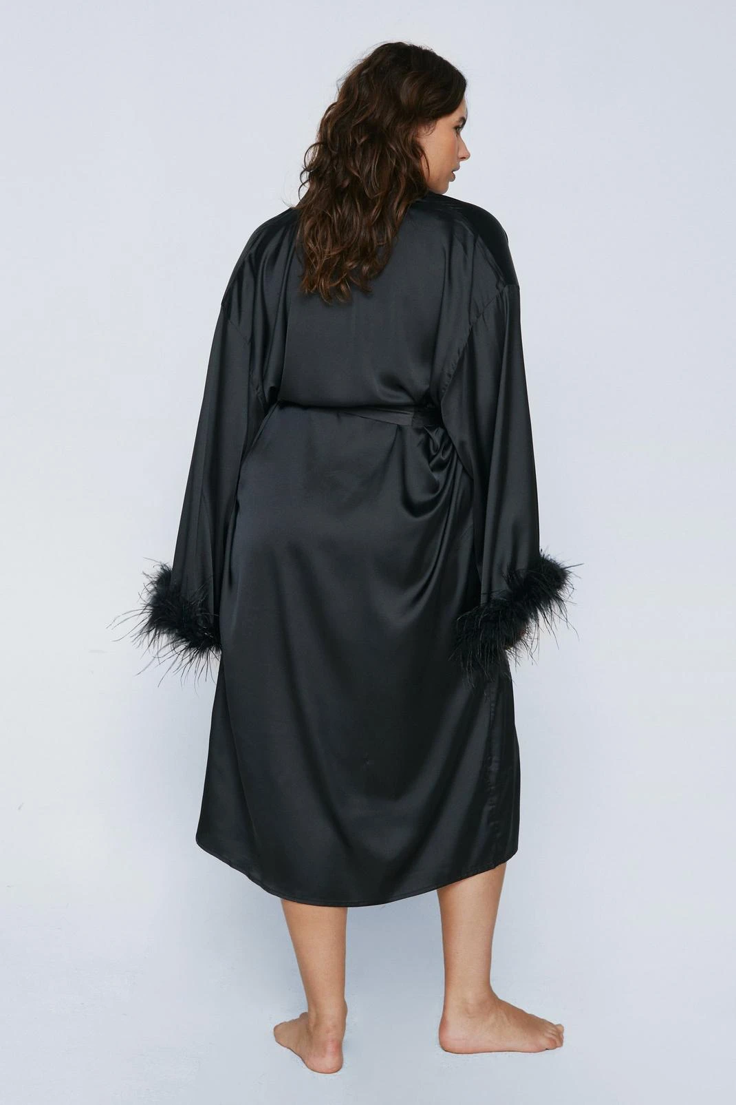 Plus Size Feather Trim Satin Longline Robe 5 Plus Size Feather Trim Satin Longline Robe - Image 3