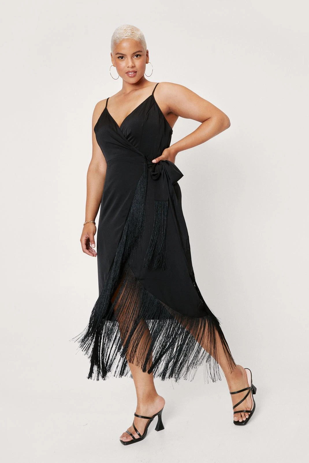 Plus Size Fringe Trim Satin Wrap Midi Dress 4 Plus Size Fringe Trim Satin Wrap Midi Dress - Image 2