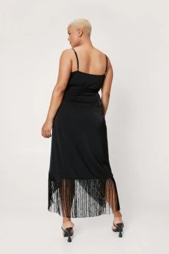 Plus Size Fringe Trim Satin Wrap Midi Dress 8 Plus Size Fringe Trim Satin Wrap Midi Dress -Nasty Gal Sales Store womens black plus size fringe trim satin wrap midi dress 2