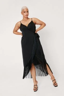 Plus Size Fringe Trim Satin Wrap Midi Dress 9 Plus Size Fringe Trim Satin Wrap Midi Dress -Nasty Gal Sales Store womens black plus size fringe trim satin wrap midi dress 3