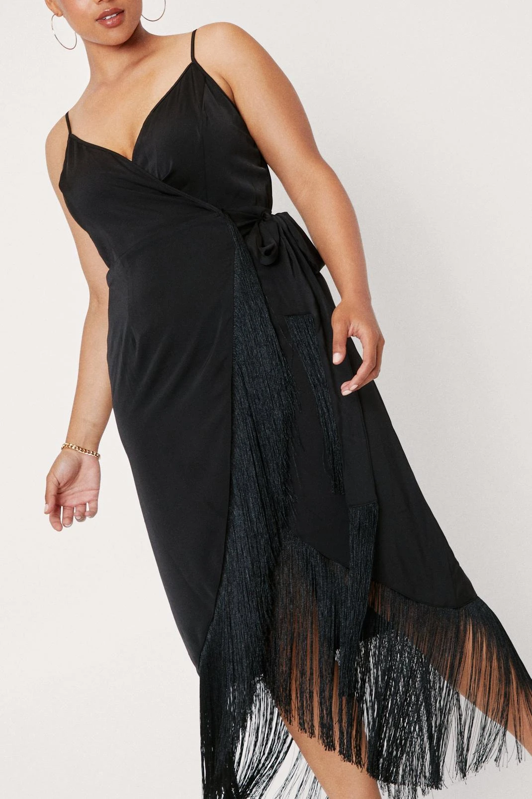 Plus Size Fringe Trim Satin Wrap Midi Dress 3 Plus Size Fringe Trim Satin Wrap Midi Dress