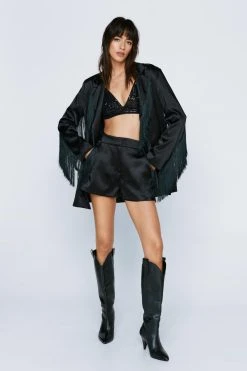 Premium Bonded Satin Fringe Short 15 Premium Bonded Satin Fringe Short -Nasty Gal Sales Store womens black premium bonded satin fringe short 1 3