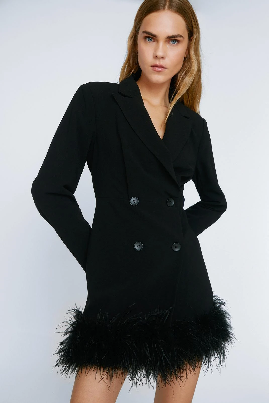 Premium Feather Trimmed Blazer Dress