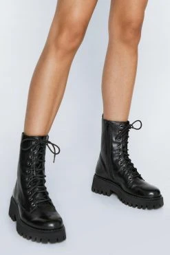 Real Leather Chunky Lace Up Biker Boot 9 Real Leather Chunky Lace Up Biker Boot -Nasty Gal Sales Store womens black real leather chunky lace up biker boot 1 3